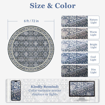 Jainmy Dark Blue Round Rugs 6ft for Living Room, Washable Non Slip Low Pile 6 Feet Circle Rug for Dining Room Kitchen, Boho Moroccan Floral Trellis 6x6 Round Carpet for Bedroom Home Office