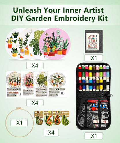 Irosiy 4 Pack Embroidery Kit for Beginners - 4 Cute Plant Pot Patterns, All-Inclusive Starter Set with Pre-Printed Canvas, Hoops - Handmade Home Decor Gift for DIY Craft Lovers