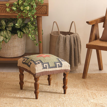 NATURAL FURNISH Solid Wood Upholstered Footstool | Handmade Southwestern Pattern Ottoman with Turned Wooden KD Legs | Decorative Accent Stool for Living Room, Entryway & End of Bed (Gray and Tan)