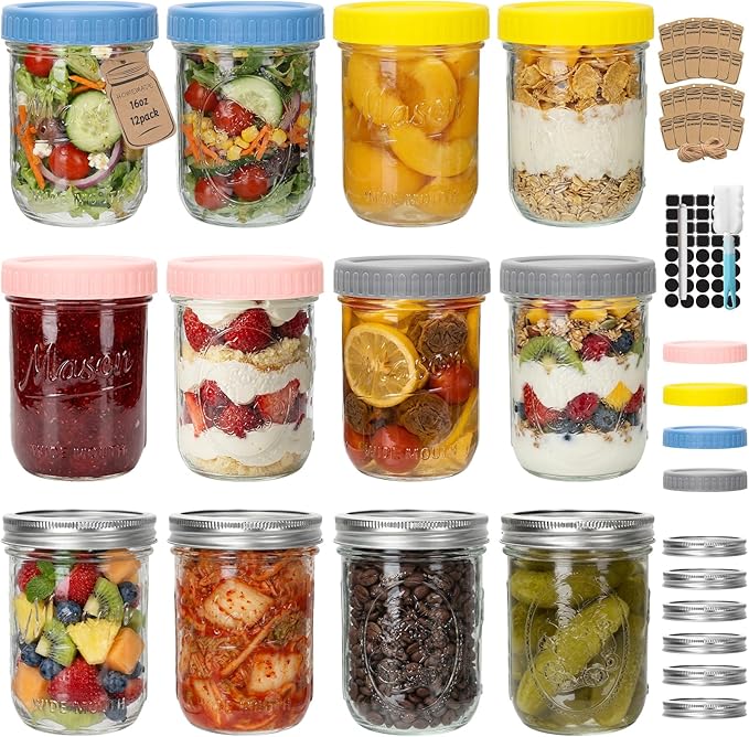 CycleMore 16oz Wide Mouth Mason Jars with Airtight Lids, 12 - Pack Canning Jars with Colorful Lids, Glass Jars for Fermenting, Pickling, Freezing, Preserving, Meal Prep, Jar Décor