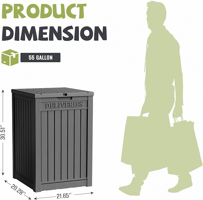 55 Gallon Outdoor Package Delivery Box Waterproof with Lockable, Weatherproof Secure Parcel Drop Box for Porch, Resin Outside Storage Boxes Black