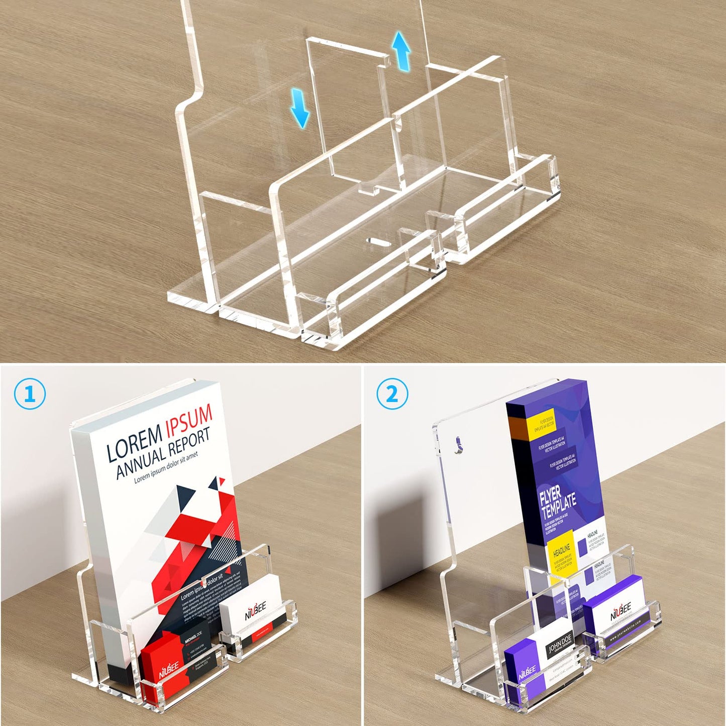 Acrylic Brochure Holder 8.5 x 11 inches , Clear Brochure Display Wall Mount Stand with Acrylic Business Card Holder, Plastic Flyer Display Stand for Magazine, Pamphlet, Booklets, Menu, Journals(2-Packs )