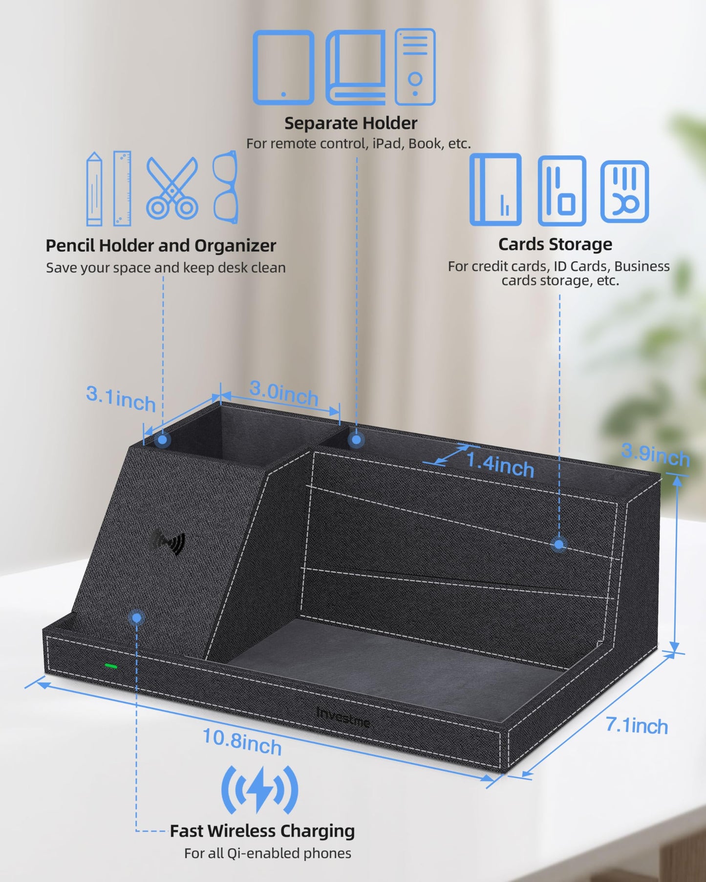 Investme Wireless Charger with Desk Organizer, Fast Charging Station for iPhone 16/15/14/13/12/11 Pro Max, Desk Phone Charger Stand, Desktop Nightstand Organizer Pen Holder for Home Offfice Supplies