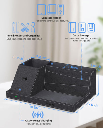 Investme Wireless Charger with Desk Organizer, Fast Charging Station for iPhone 16/15/14/13/12/11 Pro Max, Desk Phone Charger Stand, Desktop Nightstand Organizer Pen Holder for Home Offfice Supplies
