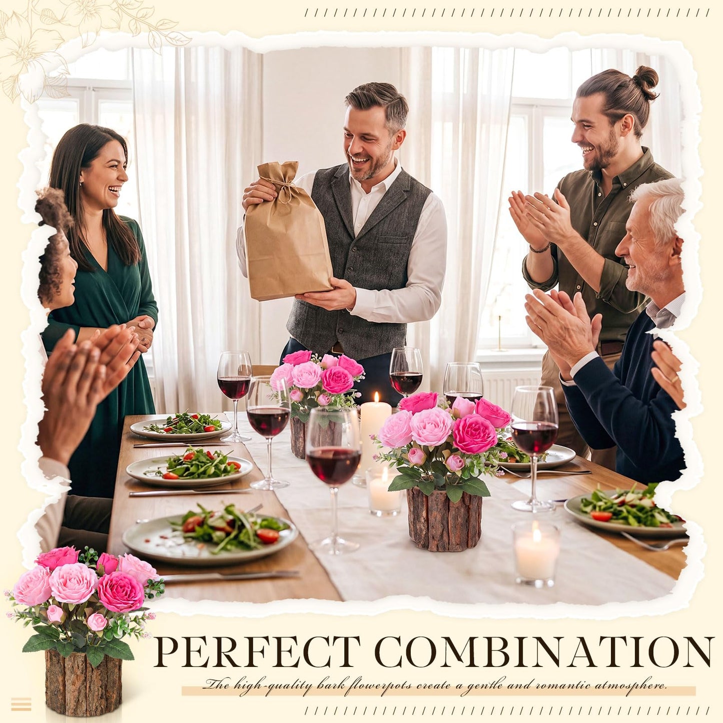 Domensi 6 Sets Wedding Floral Centerpiece for Table Decor Artificial Peonies Silk Flowers Bouquet with Flower Foam and Wooden Vase Faux Floral Arrangement for Bridal Shower Woodland Party(Rose,Pink)