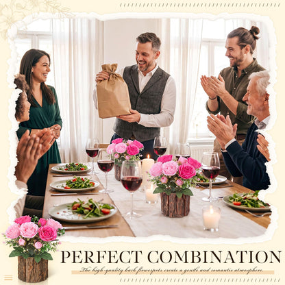 Domensi 6 Sets Wedding Floral Centerpiece for Table Decor Artificial Peonies Silk Flowers Bouquet with Flower Foam and Wooden Vase Faux Floral Arrangement for Bridal Shower Woodland Party(Rose,Pink)