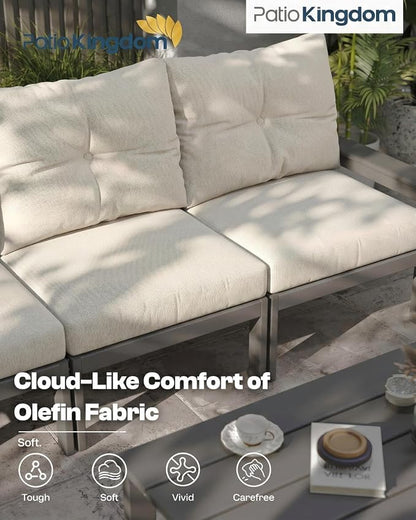HDPE Patio Sofa Set, 4-Piece Sectional Outdoor Patio Furniture Set, All Weather Outdoor Couch Set with Coffee Table & Beige Washable Thick Cushions for Balcony, Porch, (Grey Frame)