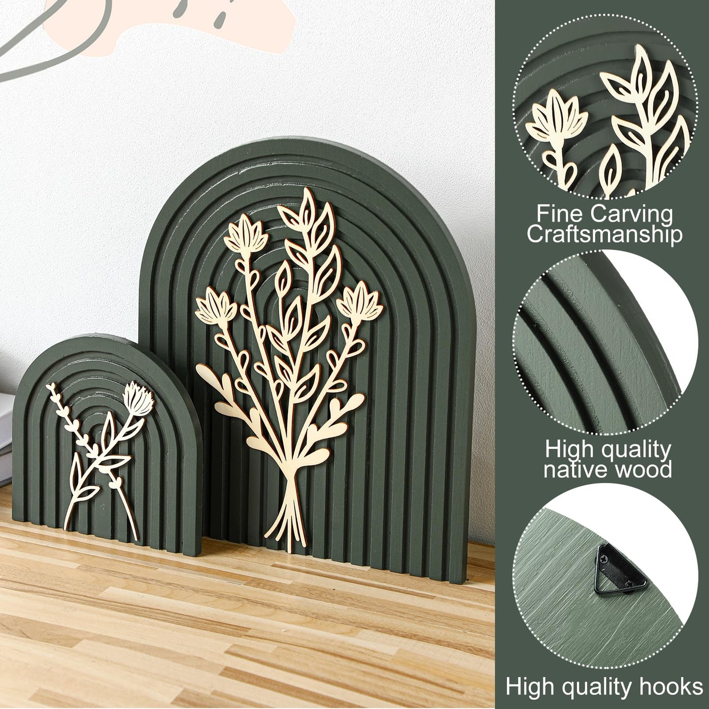 Cinnvoice Set of 2 Wood Rainbow Arches Boho Decor Boho Rainbow Arch Rustic Farmhouse Art for Shelves Farmhouse Wall Decor Floral Mid Century Home Wall Art for Living Room Kitchen Bedroom(Green,Gold)