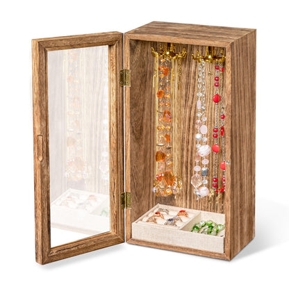 SINGLBA Necklace Holder Organizer, Wooden Jewelry Box for Women Girls, Rotatable Jewelry Organizer Case with Ring Tray Display & Storage for Necklaces Bracelets Rings Earrings, Gifts for Women Her