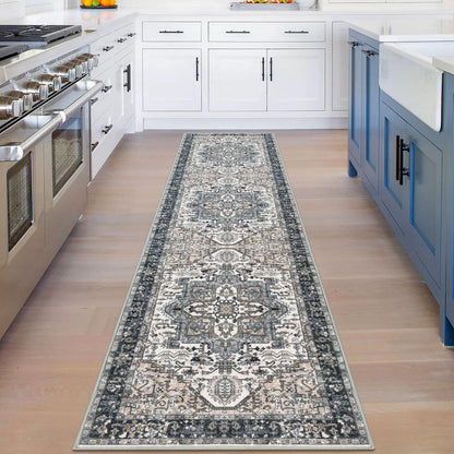 KOZYFLY Runners for Hallways 2x8 Ft Washable Kitchen Runner Rug Boho Entry Rug for Hallways Indoor Printed Faux Wool Long Floor Carpet for Entryway Bedroom Kitchen Hallway Use, Black/Taupe/Beige