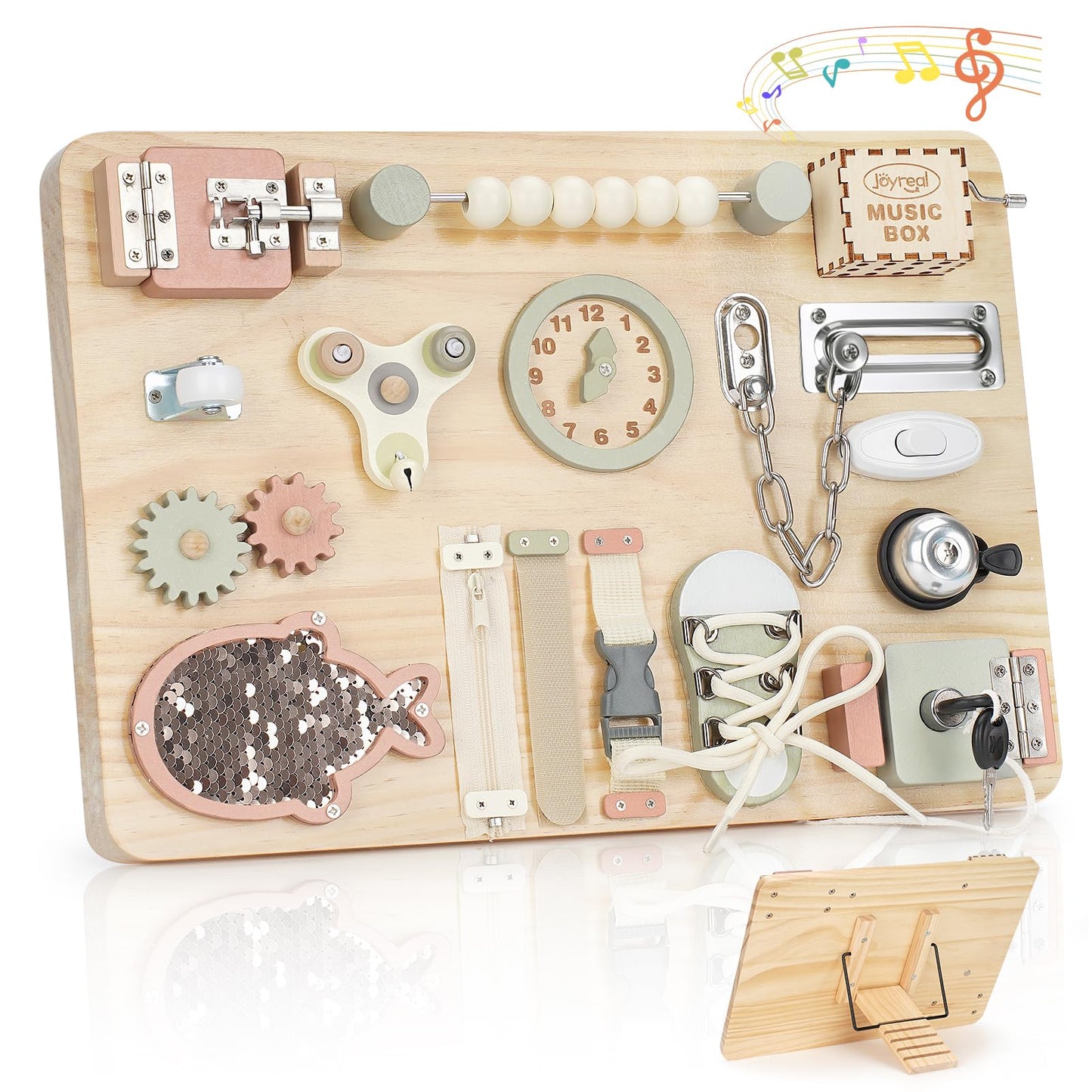 Joyreal Large Wooden Busy Board for Toddlers with Foldable Stand, 16-in-1 Montessori Sensory Toys Activity Learning Board with Music Box, Educational Gift for 1 2 3 Year Old Boys Girls