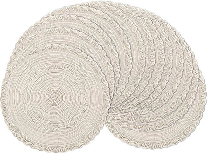 SHACOS 15 inch Round Braided Placemats Set of 12 for Dining Table Woven Boho Place Mats Kitchen Placemat Washable Table Mats, Ivory Bordered