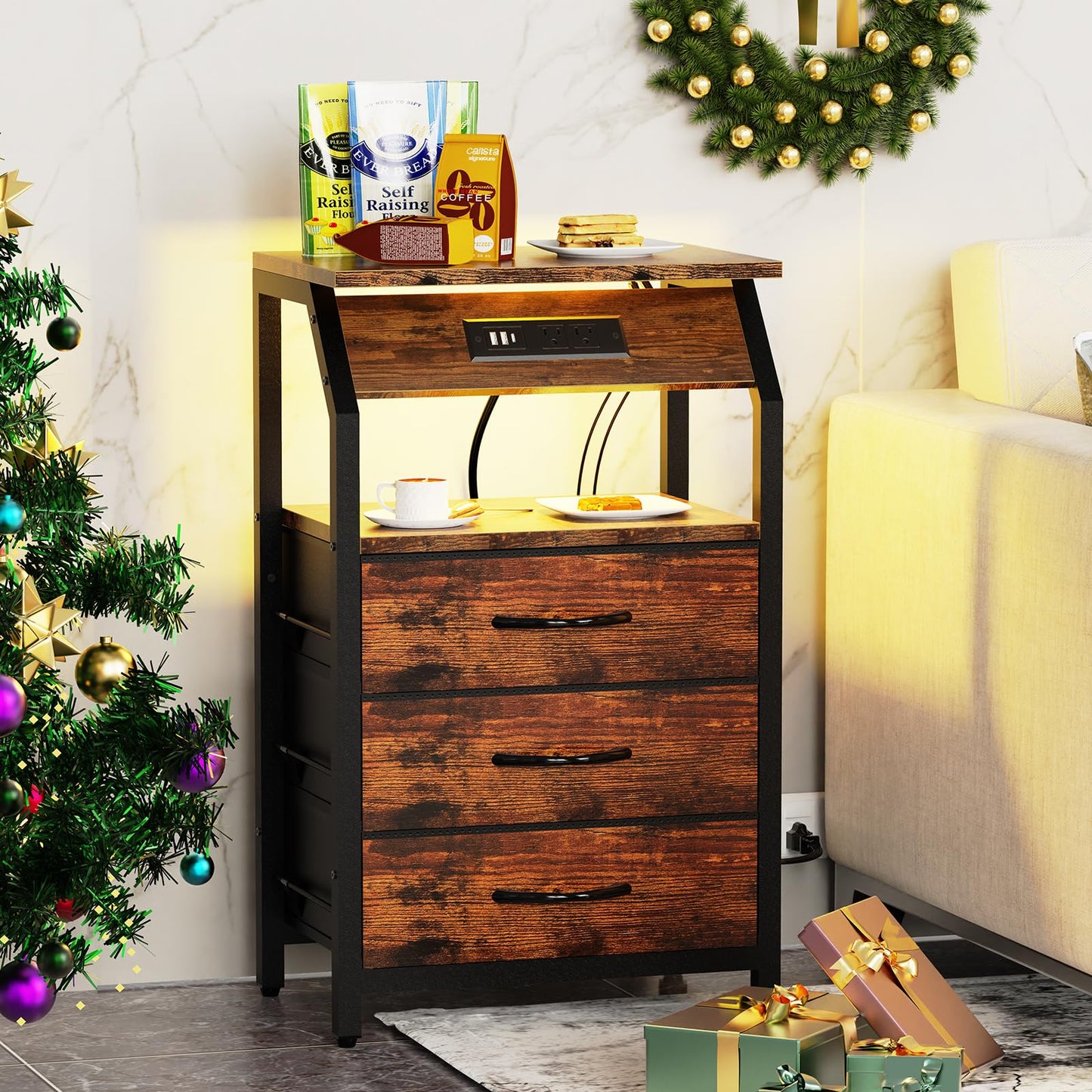 SZLHANJZ End Table with Charging Station, Nightstand with LED Lights and 3 Drawers, Small Night Stand with Fabric Storage, Retro Side Table for Bedside, Living Room Dorm, Rustic Brown