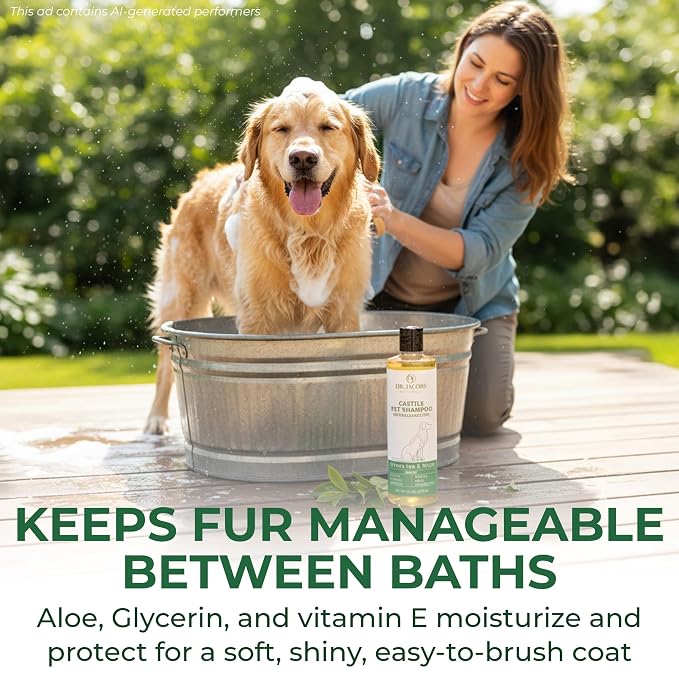 Dr. Jacobs Naturals Castile Pet Shampoo - Gentle Cat & Dog Wash w/Pure Castile Soap - Plant-Based Dog Shampoo w/Olive Oil, Coconut Oil, Shea Butter, Aloe Vera, Vitamin E - Green Tea & Mint