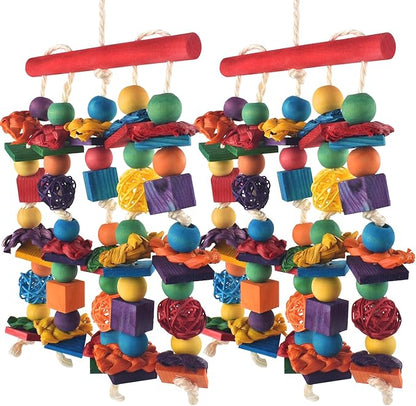 DBNESS Bird Toys, 2PCS Parrot Foraging Hanging Toy, Multicolored Natural Wooden Blocks Parakeet Chewing Toys mit Rattan Wicker Balls, for Medium Small Cockatoos Budgie Lovebird Cockatiel Conure