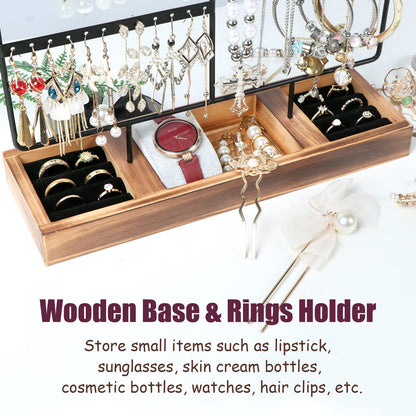 sovia Jewelry Organizer Stand,Earring Organizer with 84 Holes Ear Stud,Jewelry Organizer Holder with Wooden Tray for Earrings Necklaces Bracelets Watches and Rings,Earring Holder Organizer,Black