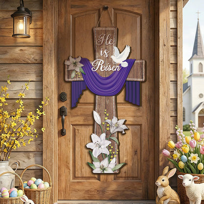 BBTO He Is Risen Easter Door Sign, 31.5 x 15.75 Inches Durable Wooden Religious Cross Hanging Decor Easter Wreaths for Front Door Christian Flowers Lent Hanging Hanger for Farmhouse Front Porch