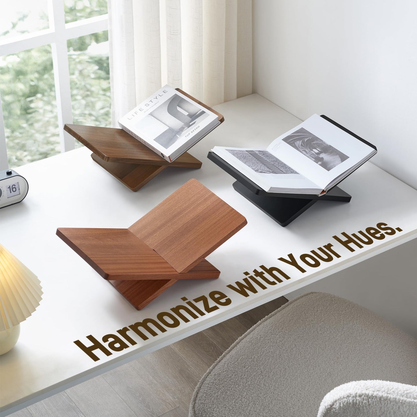 DECORANY Solid Wooden Book Stand for Desktop Display & Reading –15.7" x 9.4" x 5.7” Extra Large Wood Open Book Holder for Cookbook, Bible, Recipe, Textbook, Magazine (N. American Black Walnut)