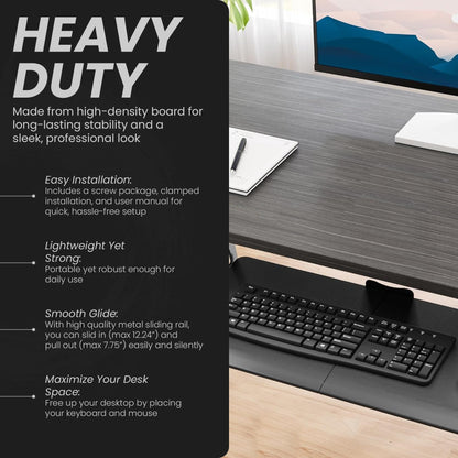 Under Desk Keyboard Tray Slide Out, 25 x 9.8 Inch Clamp-On Pull Out Drawer with Mouse Space, Ergonomic Keyboard Holder for Comfortable Typing at Home and Office