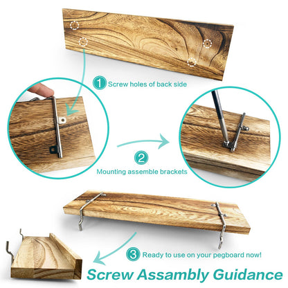 Wood Pegboard Shelves with Lip, 14" x 4" Peg Board Racks 3Pack Wall Organizer Shelf, 1/4 inch Heavy Duty Metal Brackets Fit All Pegboards, Display Craft Garage Workbench Office Shelving Accessories