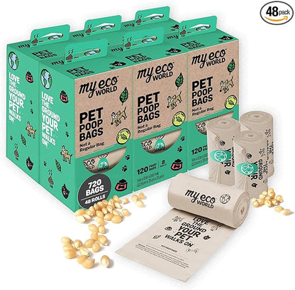 MyEcoWorld® Compostable Pet Poop Bags - Made with Corn and Other Certified Compostable Materials - 720 Bags - 48 Roll - Extra Strong - Leak Proof - Unscented - Easy to Open