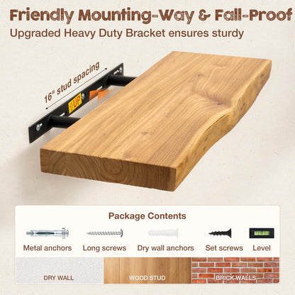fuqing Live Edge Floating Shelves for Wall 30 inch, 8 Inch Deep Solid Elm Wood Floating Wall Shelves - Rustic Wooden Shelves with Invisible Brackets for Living Room Bedroom Kitchen, 2 Pack, Natural