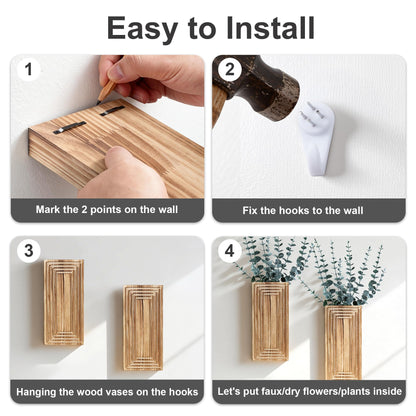 FancyPlus Wooden Wall Planter Vase, 2 Pack Brown Wood Hanging Vases with Fake Eucalyptus for Indoor Modern Boho Farmhouse Wall Art Decor for Home Indoor Kitchen Modern Farmhouse Bathroom
