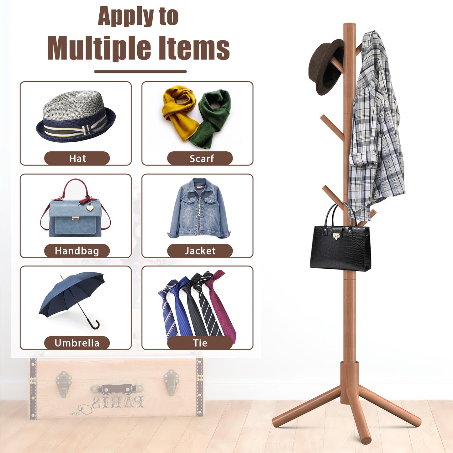 Haddockway Wooden Coat Rack Stand with 8 Hooks New Zealand Pine 3 Adjustable Coat Standing Tree Easy Assembly for Coats, Hats, Scarves and Handbags for Entryway, Hallway, Bedroom, Office