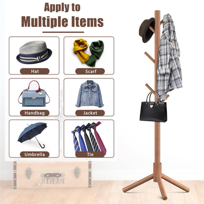 Haddockway Wooden Coat Rack Stand with 8 Hooks New Zealand Pine 3 Adjustable Coat Standing Tree Easy Assembly for Coats, Hats, Scarves and Handbags for Entryway, Hallway, Bedroom, Office