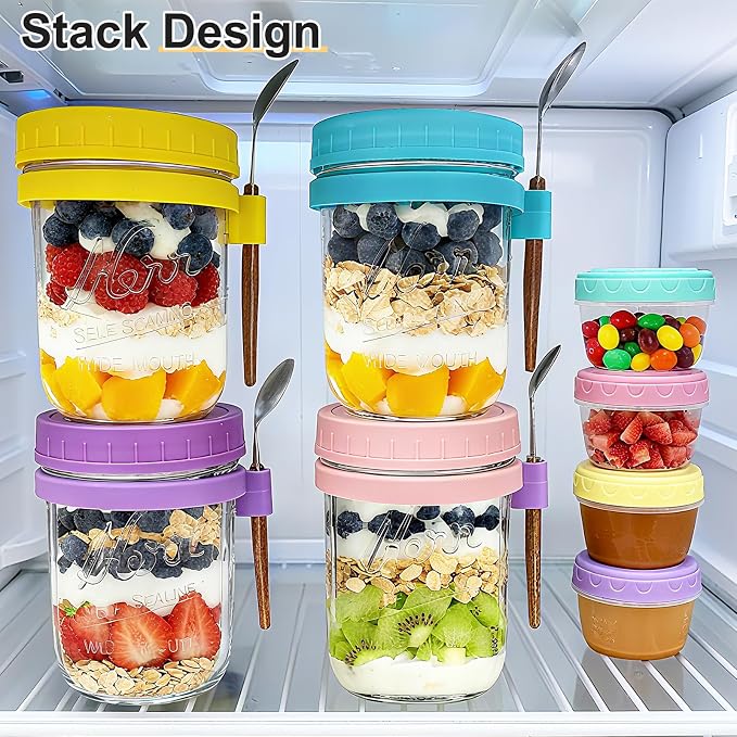 4-Pack Overnight Oats Containers with Lids and Spoons, 16 oz Glass Mason Jars with Airtight Lids and 2.7 oz Condiment Containers for Overnight Oats, Chia Seed Pudding, Yogurt, Snacks, Cereal, Fruit