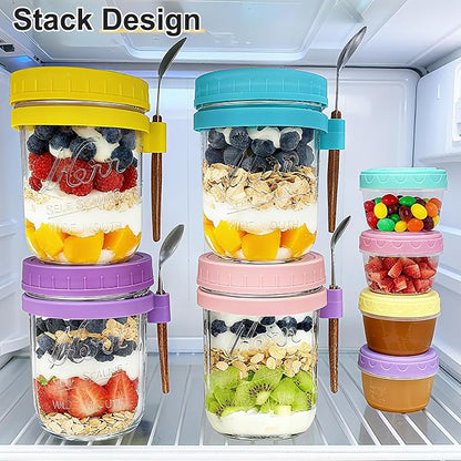 4-Pack Overnight Oats Containers with Lids and Spoons, 16 oz Glass Mason Jars with Airtight Lids and 2.7 oz Condiment Containers for Overnight Oats, Chia Seed Pudding, Yogurt, Snacks, Cereal, Fruit