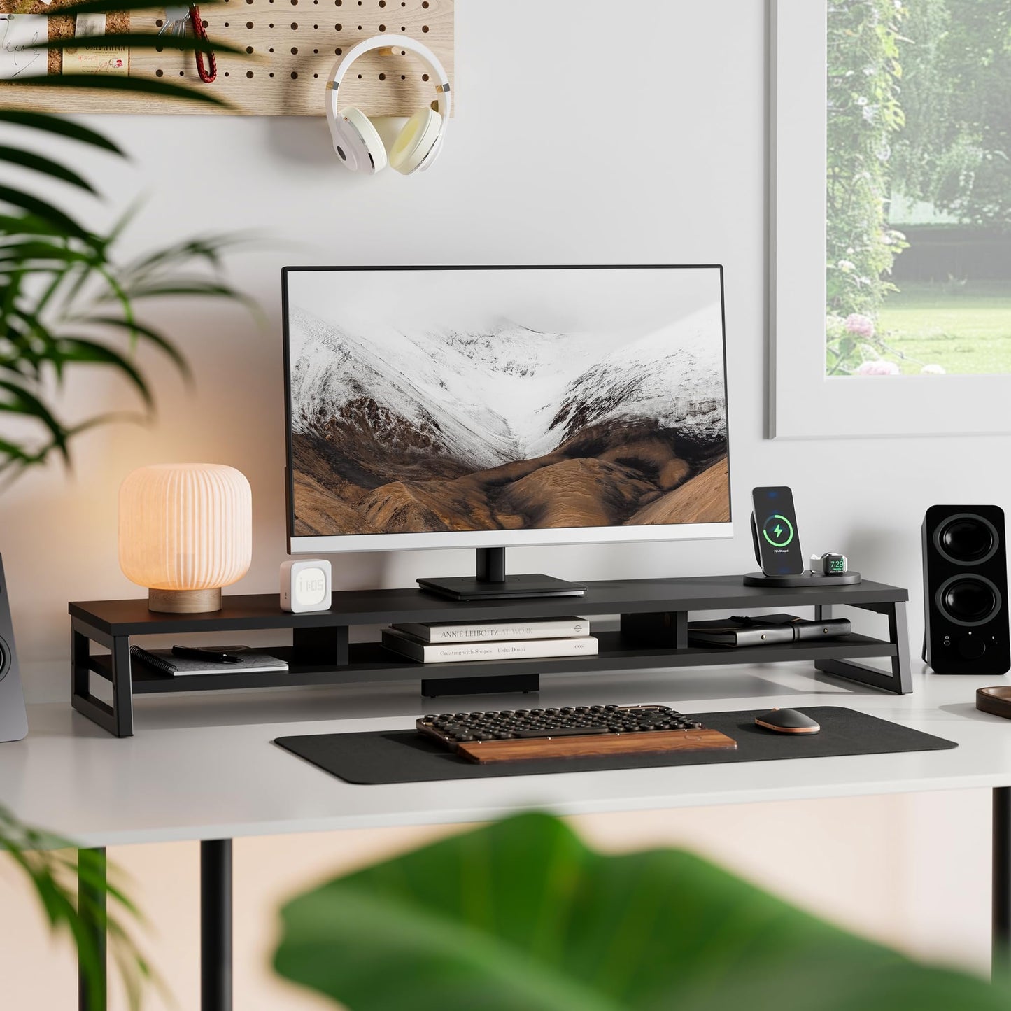 Fenge Dual Monitor Stand Riser & 4 Tier Desktop Organizer, Black