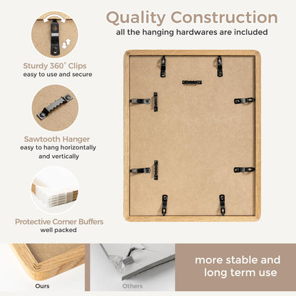 FLYJOE Oak Wood Picture Frame - 11x14 with Mat for 8x10, Plexiglas & Hanging Hardware (Natural Oak, 3 Packs)