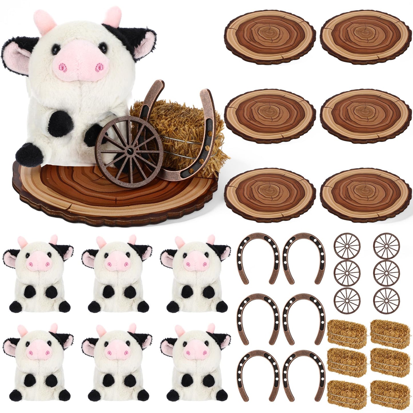 Tasdurian 6 set Western Themed Party Decorations Cowboy Table Centerpieces Cow Plush Hay Bales Lucky Horseshoe Wooden Wagon Wheel Decor for Crafts Western Cowboy Party Birthday Wedding Favors Supplies