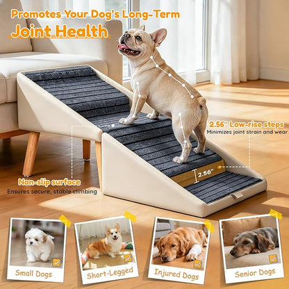 17" H Dog Stairs for Small Dogs – 4-Step Non-Slip Dog Ramp for Couch, Foldable 2-in-1 Pet Stairs & Ottoman, Upgraded Pet Steps for Puppies, Senior Dogs & Injured Pets, Solid Wood Frame (Beige)