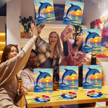 Motipuns 6 Set Pre Drawn Canvas for Painting for Adults Sip and Paint Kit with Easels 8 x 10 Inches Paint Party Kit with Printed Canvas Paints Brushes Palette Apron(Sunset Dolphin)
