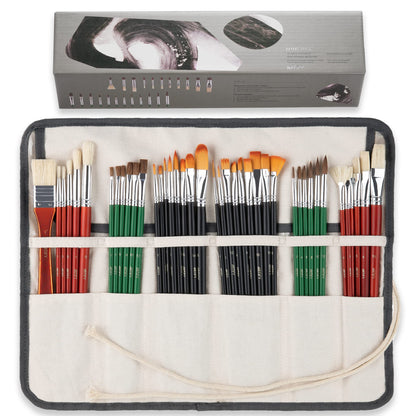 ARTIFY 41 Pieces Long Handle Paint Brushes, Expert Series, Hog Bristle, Horse Hair and Nylon Hairs Art Set Includes a Carrying Canvas Roll, for Acrylic, Oil, Watercolor and Gouache