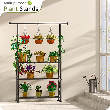 GIOTORENT Plant Stand Indoor, 3-Tier Heavy Duty Metal Shelf for Patio & Indoor, Tall Plant Holds 14+ Plants with 5 Hooks, Rust-Proof Plant Holder for Garden, Balcony, Living Room, Black