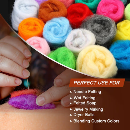 uxcell 72Pcs 24 Colors Needle Felting Wool - Nature Fibre Wool Yarn Roving Needle Felting Hand for Wool Felting Yarn Supplies DIY Craft Materials (3g/Pack, 3Pack/Color)