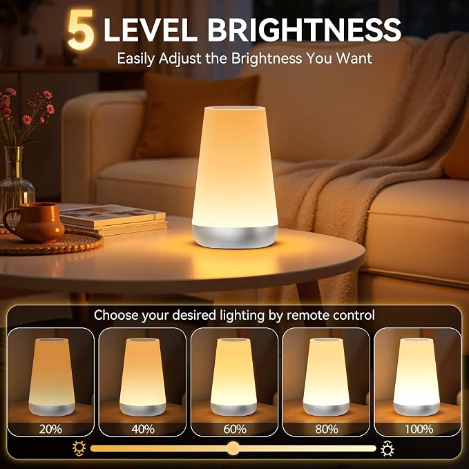 Auxmir Rechargeable LED Night Light, Touch & Remote Control Bedside Lamp with 13 Colors, 5 Brightness Levels, Portable Table Lamp for Kids Baby Nursery, Bedroom, Bathroom, Camping, Silver