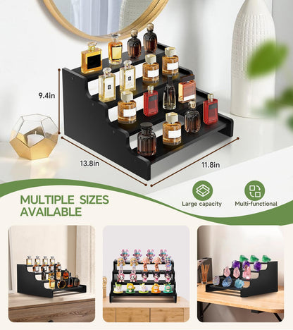 SEENYOO Wooden Cologne Organizer for Men, Perfume Organizer Stand, Cologne Stand with Anti-Slip Washers, Wooden Display Risers Stand for Dessert, Cupcake, Black, 4-tier-11.8in