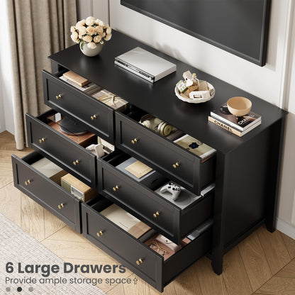 IDEALHOUSE Black 6 Drawer Dresser for Bedroom, 54" Wide Large Dresser with Deep Drawers & Metal Knobs, Modern Wooden Chests of Drawers for Entryway, Hallway