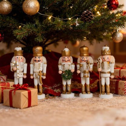 10 Pcs Mini Christmas Nutcracker Ornaments Set Classic Small Wooden Bulk Nut Cracker Figure Decor Wood Miniature Toy Soldier Christmas Tree Topper Decorations, White Silver Glitter Gold, 5 Inch