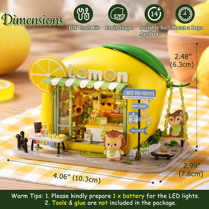 TuKIIE DIY Miniature House Kit with Furniture, 1:100 Scale Creative Room Mini Wooden Dollhouse Book Nook for Kids Teens Adults(Lemon Beverage Shop)