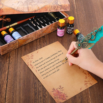 AIYNC Feather Calligraphy Pen Ink Set, Mechanical Feather Pen and Wooden Dip Pen, 5 Colors of Ink, 12 Replacement Nibs, Pen Holder, Envelope and Letter Paper (Green)
