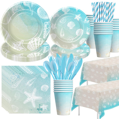 HIPVVILD Seashell Beach Party Decorations, Beach Seashell Birthday Party Supplies, Plate, Cup, Napkin, Tablecloth, Tableware, Sea Shell Party Supplies For Birthday Baby Shower Wedding Party | Serve 24