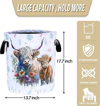 Highland Cow Laundry Basket Cattle Animal Foldable Oxford Cloth Funny Tote Bag