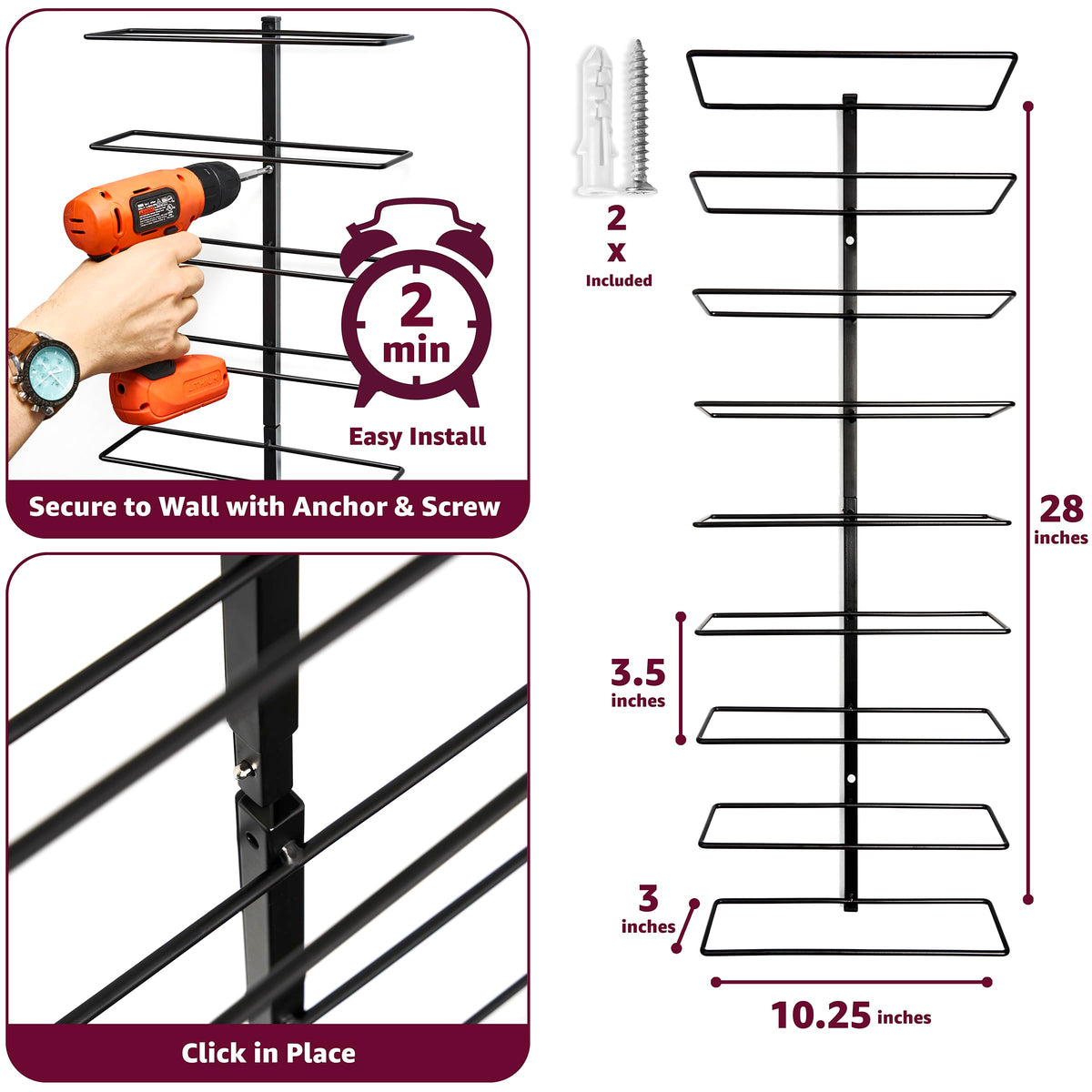 Sorbus Wall Mount Wine Rack – Holds 9 Bottles – Black Metal Wine Bottle Holder for Wall, Modern Wine Rack for Home Bar, Kitchen