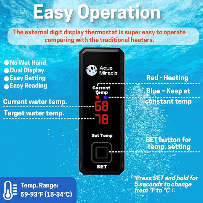 AquaMiracle Upgraded 25W Small Aquarium Heater Fish Tank Heater Turtle Heater Super Mini Aquarium Heater, Dry-Run/Overheating Protection and Memory Function, Dual LED Display, for 3-5 Gal Tanks