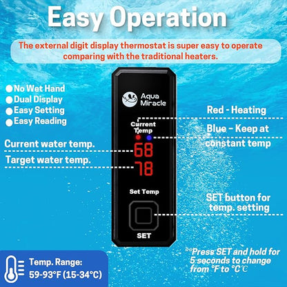 AquaMiracle Upgraded 100W Small Aquarium Heater Fish Tank Heater Turtle Heater Super Mini Aquarium Heater, Dry-Run/Overheating Protection and Memory Function, Dual LED Display, for 10-20 Gal Tanks